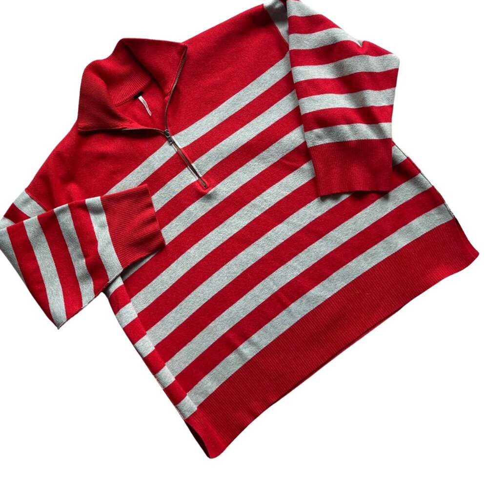 Free People Red & Grey Striped Half-Zip Sweater – Size S/P (Small Petite)
